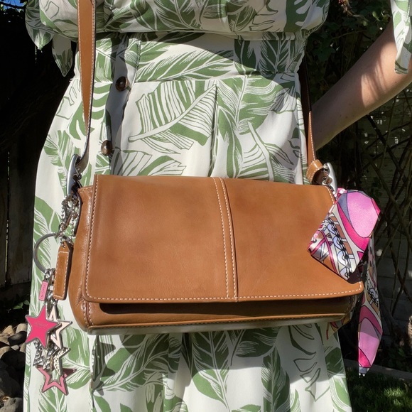 Coach Handbags - Coach Y2K Tan Leather Flap Demi Baguette 9848 Jewels Stars Keychain & Scarf